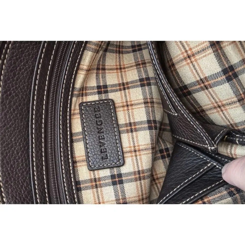 Levenger Black Leather Laptop Messenger Bag Plaid Lined Quiet Luxury Officecore
